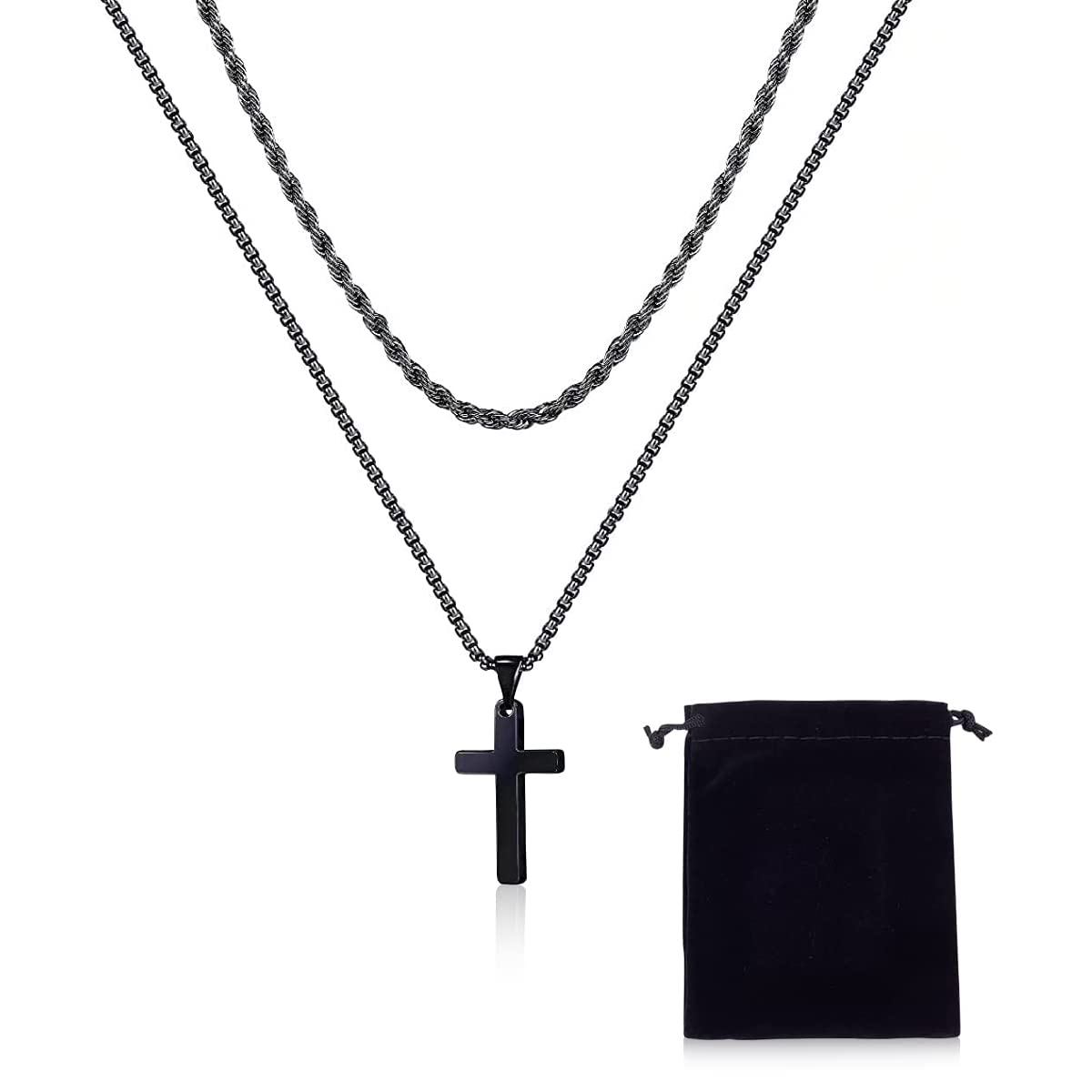 MAYCREATE Black 2 Pcs Double Layered Electroplated Titanium Classic Cross Pendant Steel Chain Necklace Set with Flannel Bag for Men & Women MAYCREATE Black 2 Pcs Double Layered Electroplated Titanium Classic Cross Pendant Steel Chain Necklace Set with Flannel Bag for Men & Women